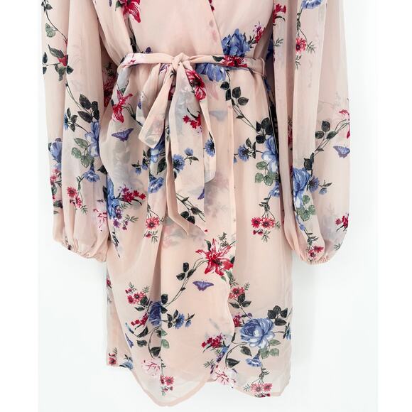 Express NWT Blush Pink Floral Butterfly Chiffon Tie Waist Faux Wrap Dress Size S - Picture 6 of 9